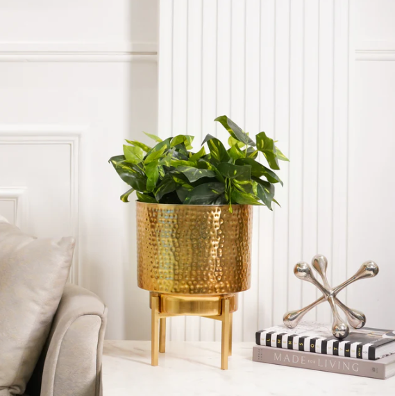 Golden Hammered Planter With Stand