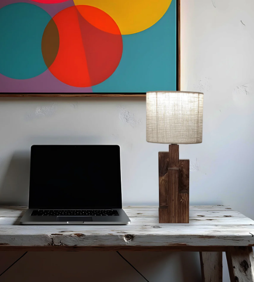 Skyline Brown Wooden Table Lamp with Yellow Printed Fabric Lampshade (BULB NOT INCLUDED)