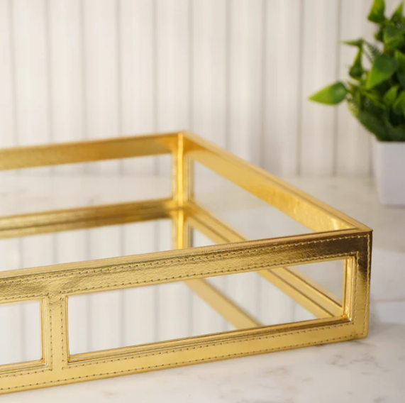 Gold Vegan Leather Decor Tray with Mirror Base