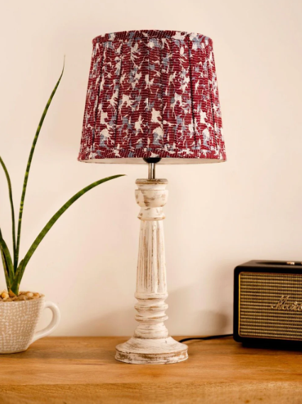 Wooden Pillar White lamp with pleeted Colorful Soft Shade