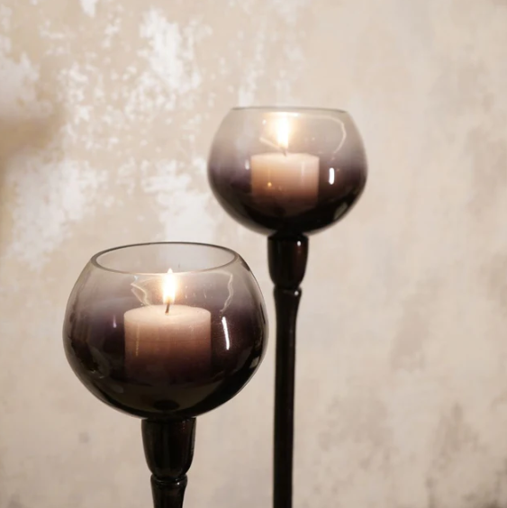 Grey & Black Ombre Tall Metal Glass Candle Holders, set of 2