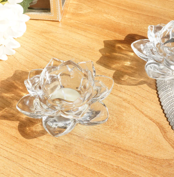 Clear Silver Lotus Glass Tealight Candle Holder