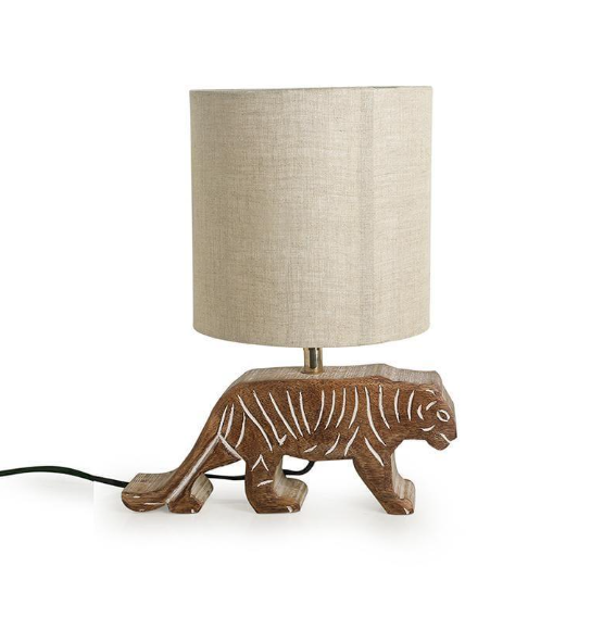 'Tiger Panthera'' Handcarved Table Lamp In Mango Wood