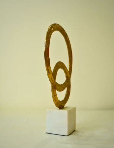 Abstract Golden Metal Art Sculpture with Marble Base