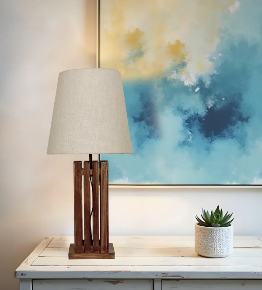 Elegant Brown Wooden Table Lamp with Black Fabric Lampshade (BULB NOT INCLUDED)