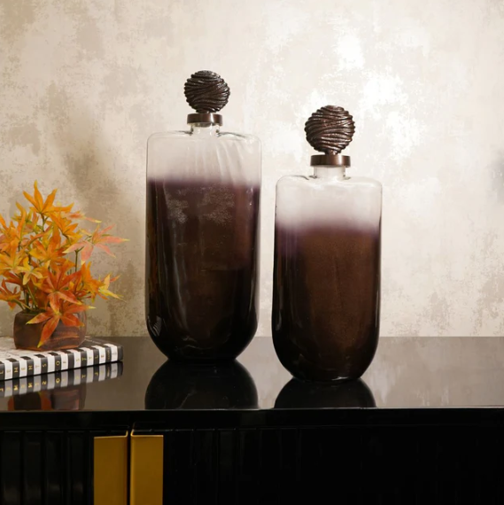 Grey & Black Textured Glass Décor Piece with Ornamental Lid, set of 2