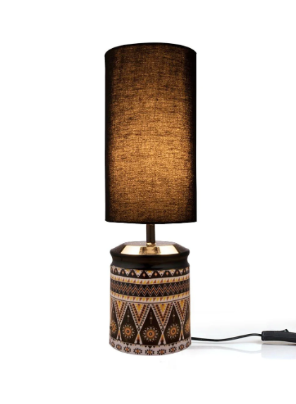 Metal Linear Art Printed Lamp with Solid Black Shade