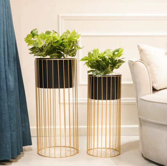 Black & Gold Metal Planters With Stand, Set of 2