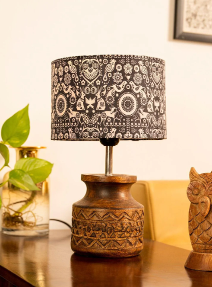 Wooden Carved Lamp with Indian Art Multicolor Shade