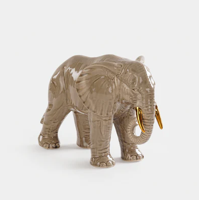 Beige Polyresin Walking Elephant with Gold Tusks - Small