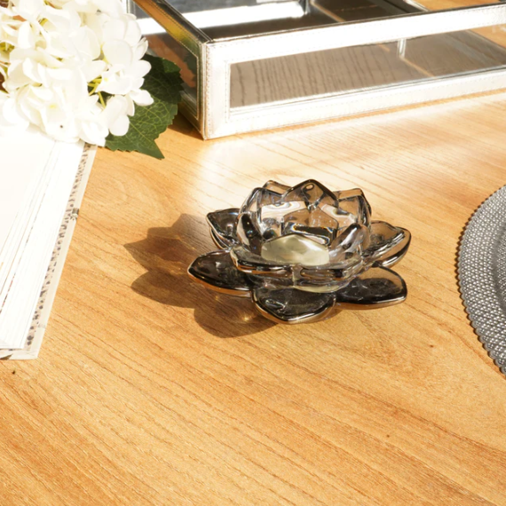 Grey Blue Lotus Glass Tealight Candle Holder