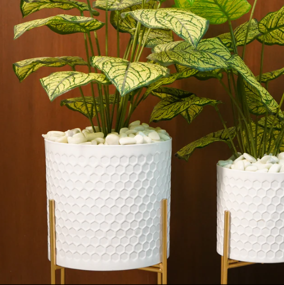 White Textured Planters with Stand, Set of 2