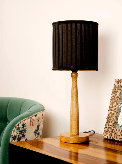 Wooden Brown Lamp with pleeted Balck Shade
