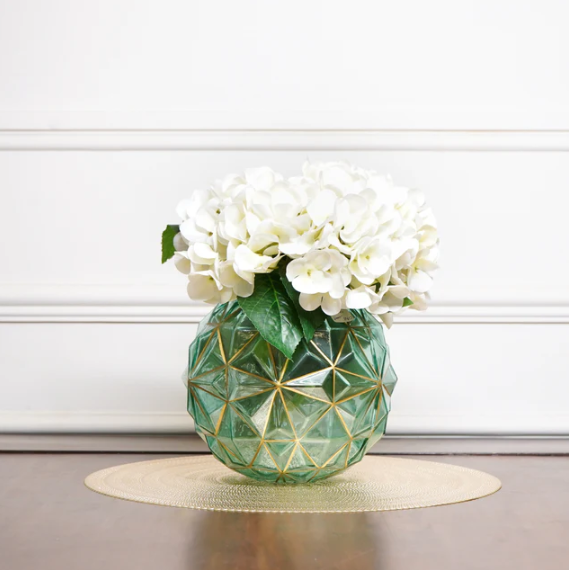 Diamond Cut Green Glass Vase with Golden Highlights, Small
