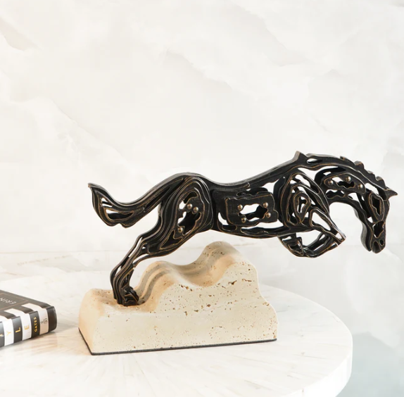 Intricate Metal Running Horse Cut-Out on Marble Base