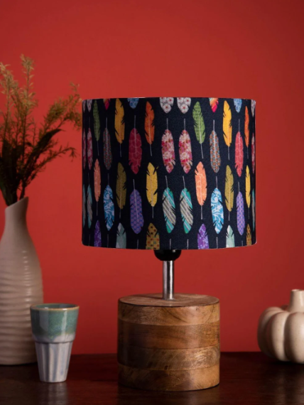 Wooden Brown Log Lamp with Colorful Feathers Shade