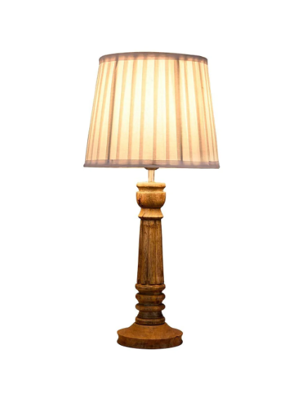 Wooden Pillar Brown lamp with pleeted White Soft Shade