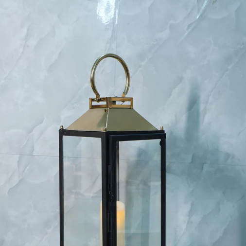 Lantern Stainless Steel & GLass Black & Gold