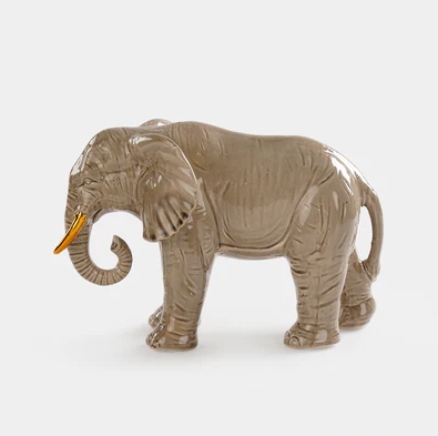 Beige Polyresin Walking Elephant with Gold Tusks - Small