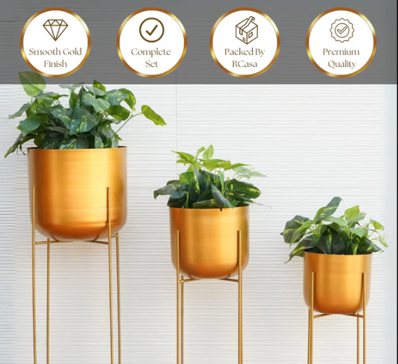 Metal Planters In Gold With Stand, Set Of 3