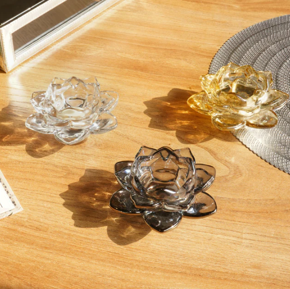 Grey Blue Lotus Glass Tealight Candle Holder