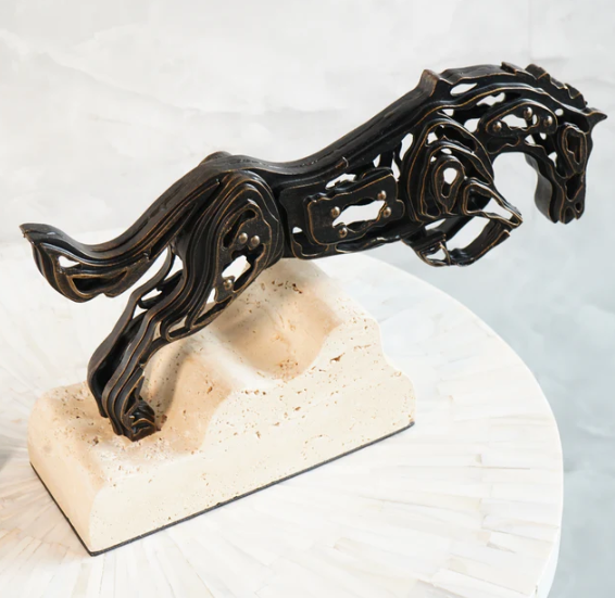 Intricate Metal Running Horse Cut-Out on Marble Base