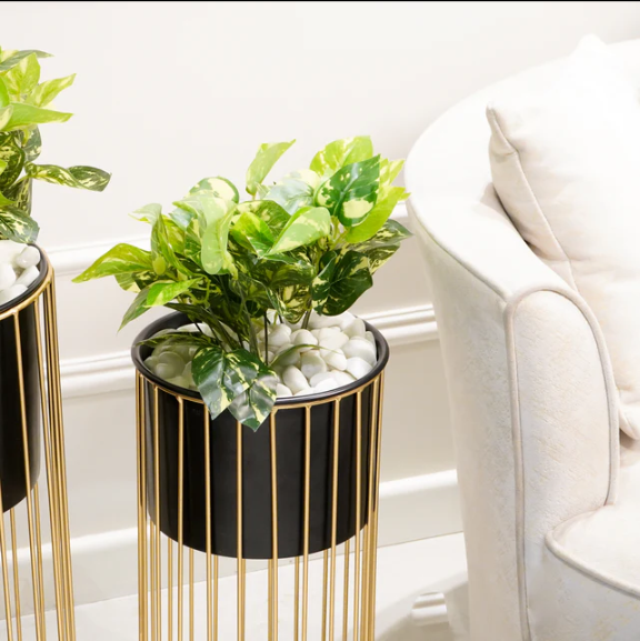 Black & Gold Metal Planters With Stand, Set of 2