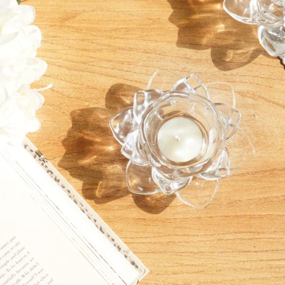 Clear Silver Lotus Glass Tealight Candle Holder