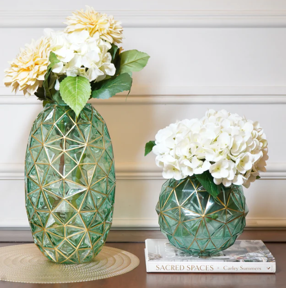 Diamond Cut Green Glass Vase with Golden Highlights, Small