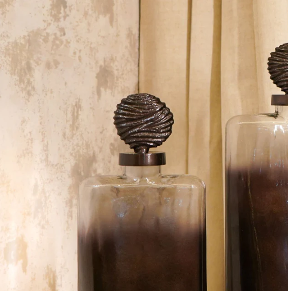 Grey & Black Textured Glass Décor Piece with Ornamental Lid, set of 2