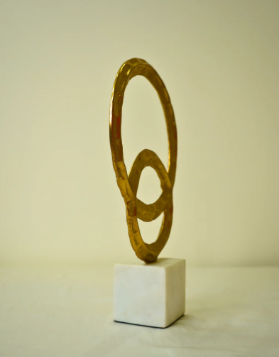 Abstract Golden Metal Art Sculpture with Marble Base
