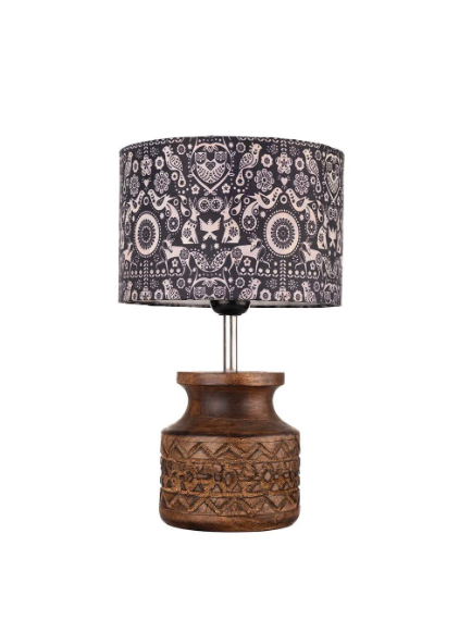 Wooden Carved Lamp with Indian Art Multicolor Shade