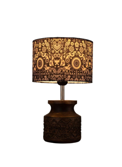 Wooden Carved Lamp with Indian Art Multicolor Shade