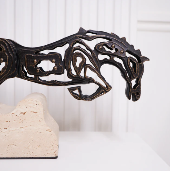 Intricate Metal Running Horse Cut-Out on Marble Base
