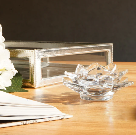 Clear Silver Lotus Glass Tealight Candle Holder