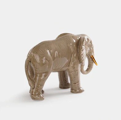 Beige Polyresin Walking Elephant with Gold Tusks - Small