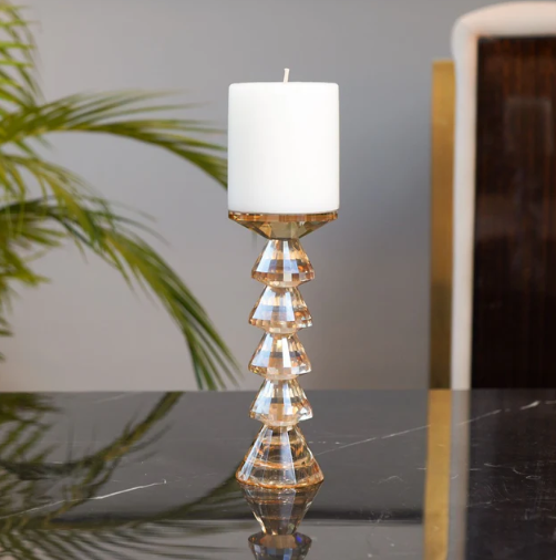 Dual Side Crystal Tapered Candle Holder, Tinted Gold