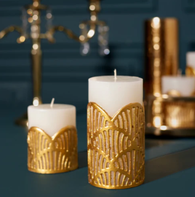 Crackle Jali Pillar Candle In Gold, Large