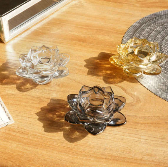 Clear Silver Lotus Glass Tealight Candle Holder