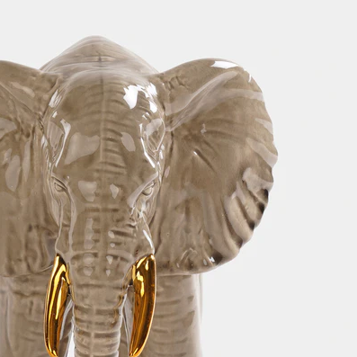 Beige Polyresin Walking Elephant with Gold Tusks - Small