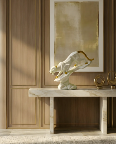 Modern Geometric Panther - White & Gold Abstract Wildlife Sculpture