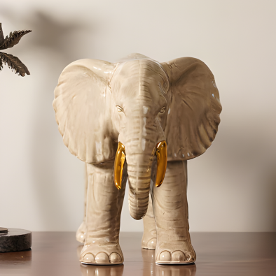 Beige Polyresin Walking Elephant with Gold Tusks - Small