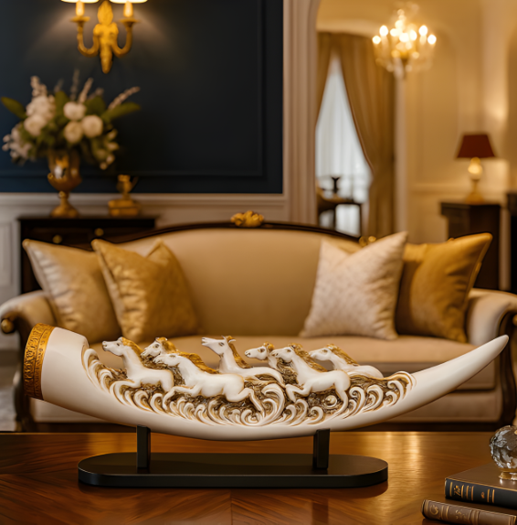 Eight Running Horses Carved In Tusk | Feng Shui Table Accent