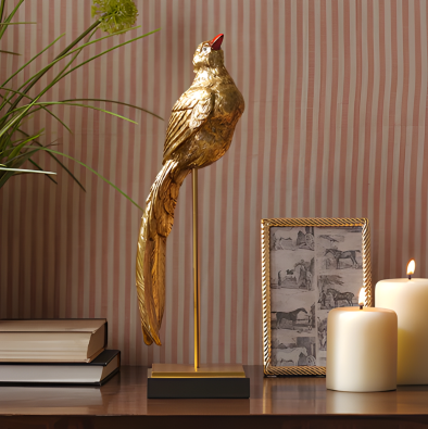 Gold Polyresin Bird Figurine with Stand