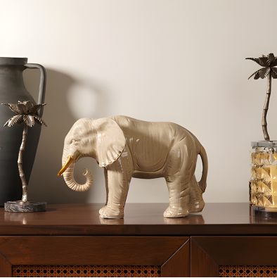 Beige Polyresin Walking Elephant with Gold Tusks - Small