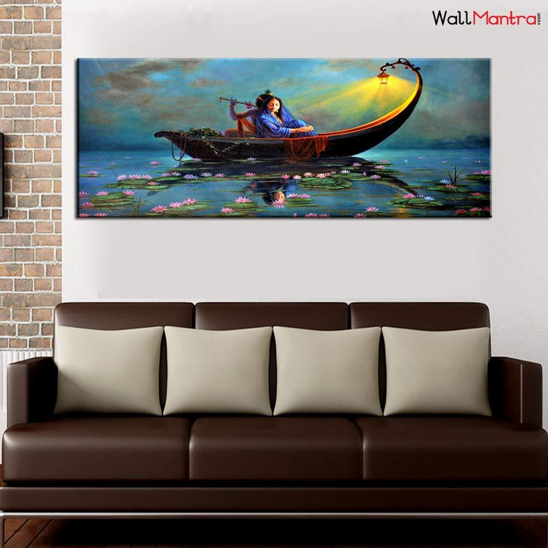 Radha Krishan on Ferry Romantic Canvas Big Panoramic Wall Painting