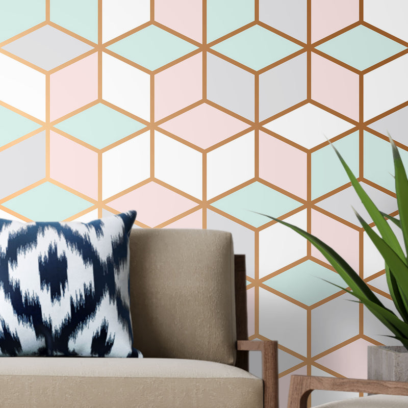 Pink with white lines geometric – Mural Wallpaper, PVC Free, Non-Toxic