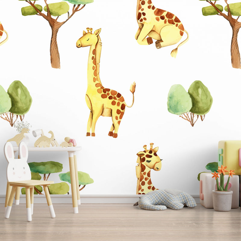 Watercolor cute giraffes and trees