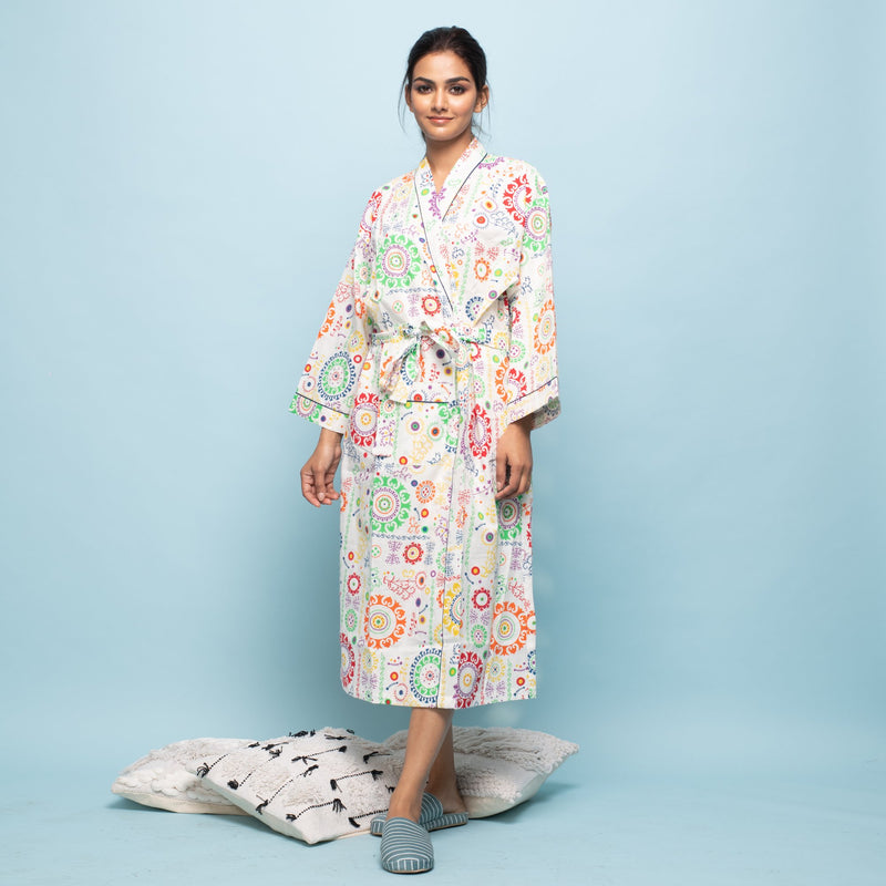 WHITE MULTICOLOR COTTON HAND PRINTED BATHROBE