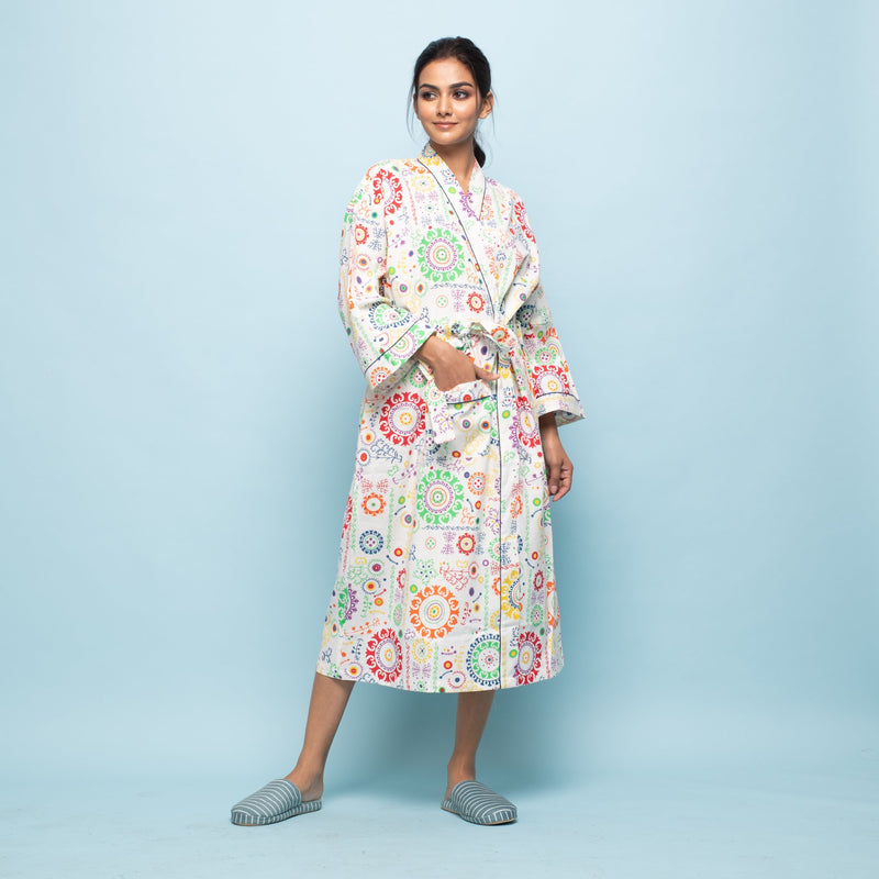 WHITE MULTICOLOR COTTON HAND PRINTED BATHROBE